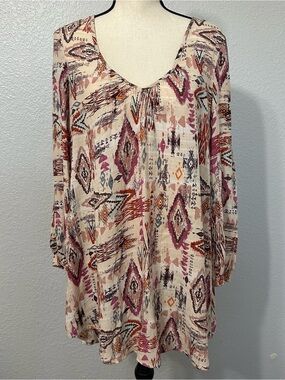 Billabong Aztec Long-Sleeve Mini Shift S Dress Gauzy Boho Western Coastal Beachy